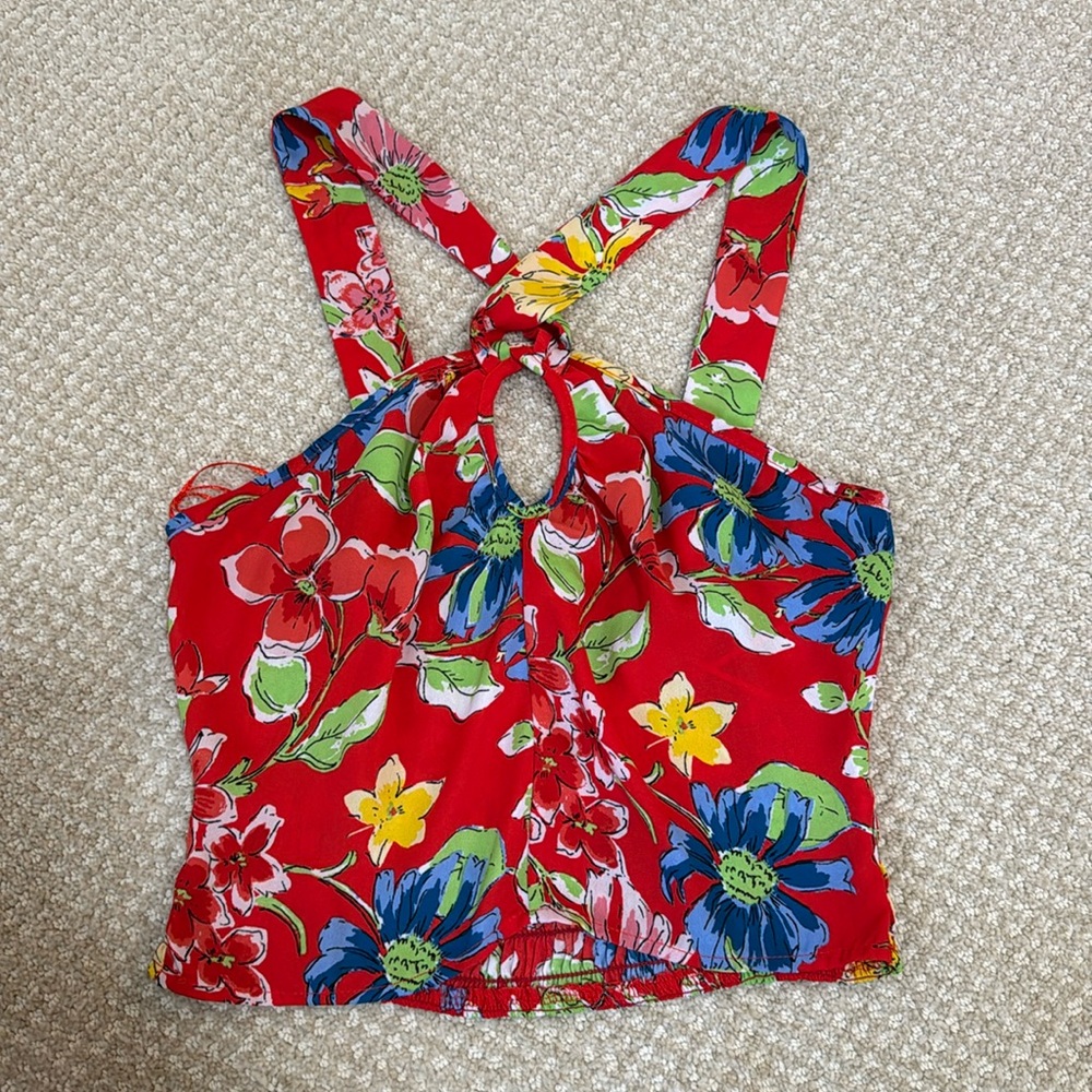 Red Floral Cropped Halter-Neck Tank Top